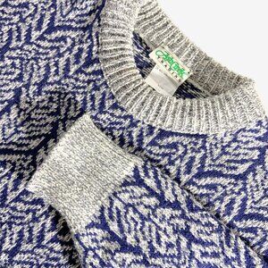 Vintage Printed Cotton-Wool Blend Crew Neck Sweater in Navy & Grey / Large